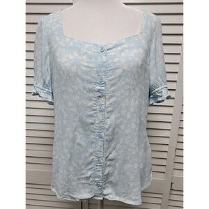 Elodie SZ M Women's Light Blue Floral Short Sleeve Blouse Button Front Cottage